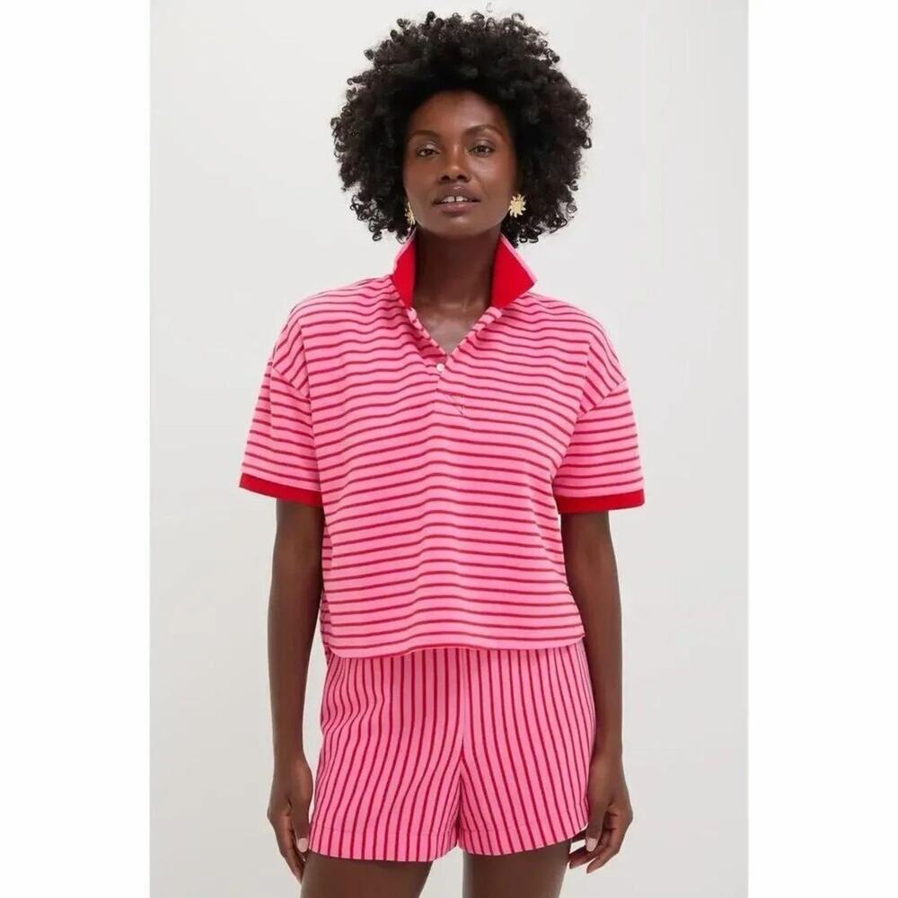 Tuckernuck Womens Pique Boyfriend Polo Sz s Preppy Striped Nautical Coastal Pink